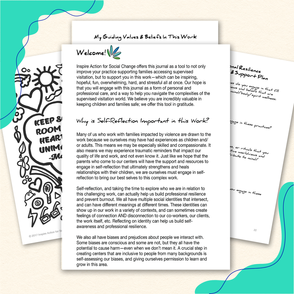 Pages from a journal or workbook on a white background with a teal border