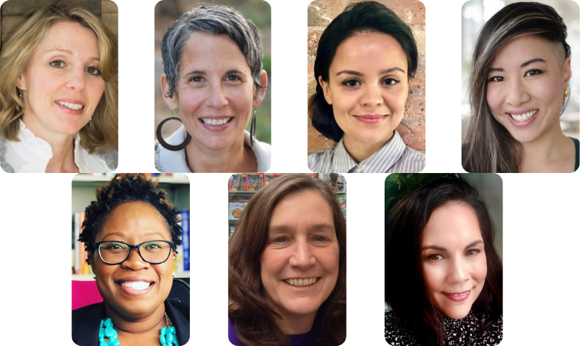 Collage of seven women's faces with a blurred background