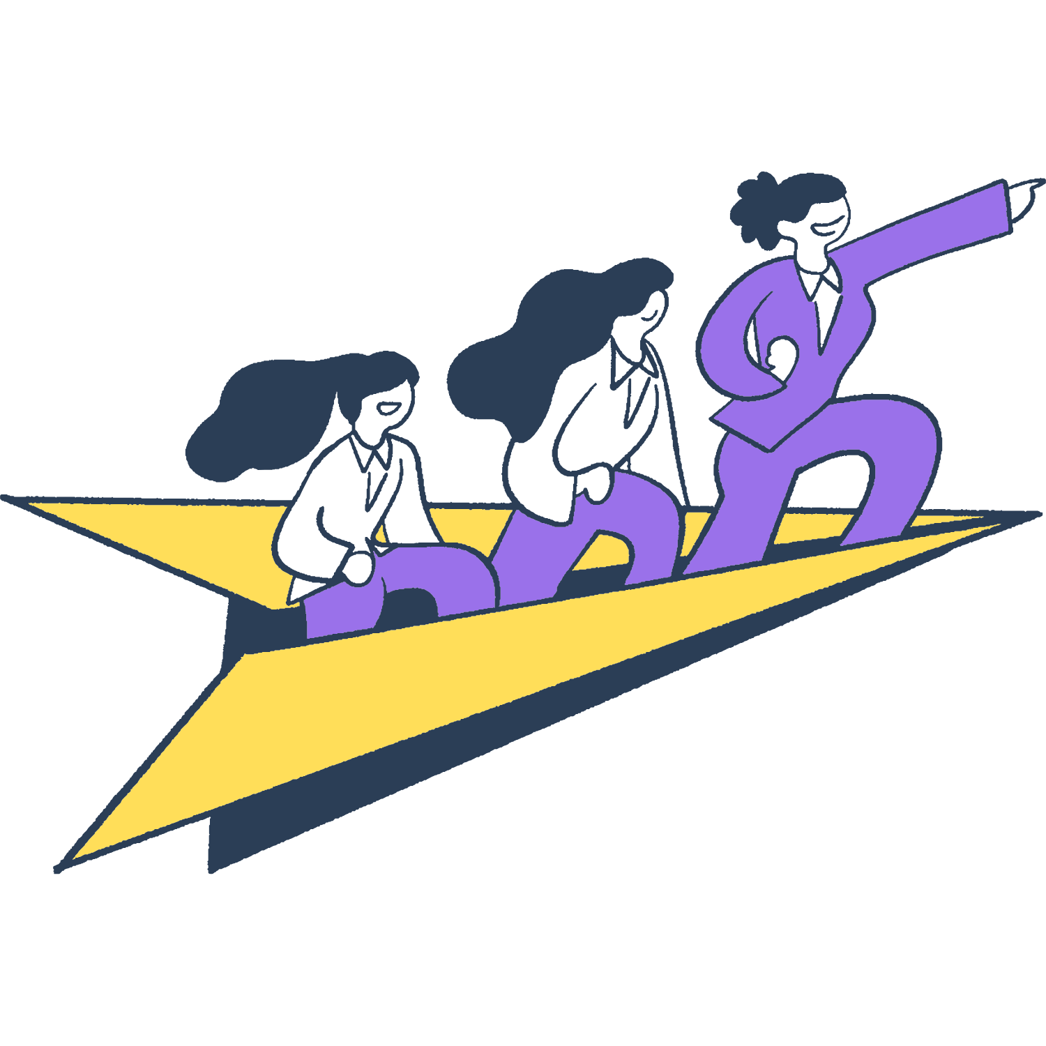 Illustration of three women in business attire walking on a yellow paper airplane.