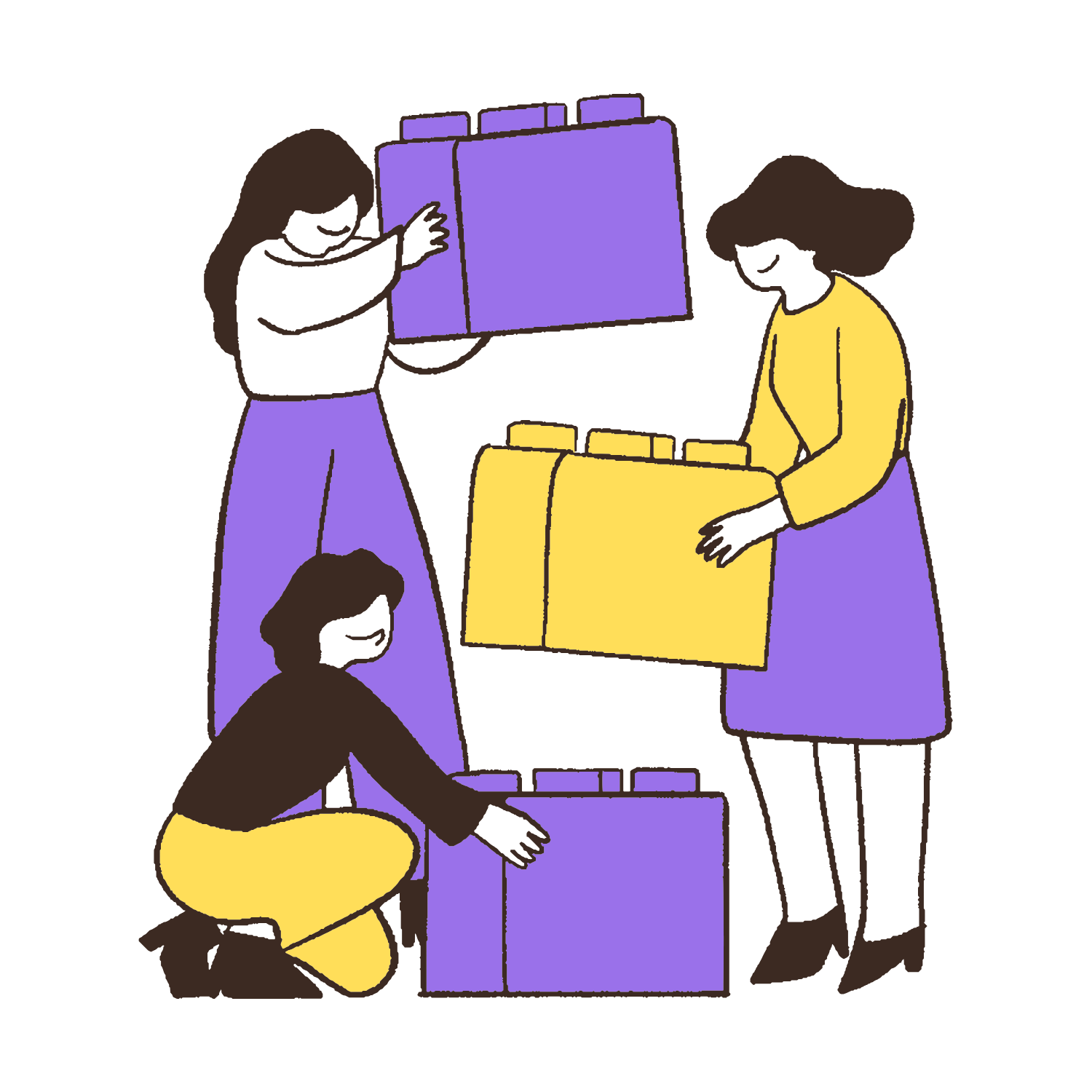 Illustration of three people working with colorful boxes on a white background