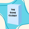Blue box labeled 'The Game Closet' on a blue and beige abstract background
