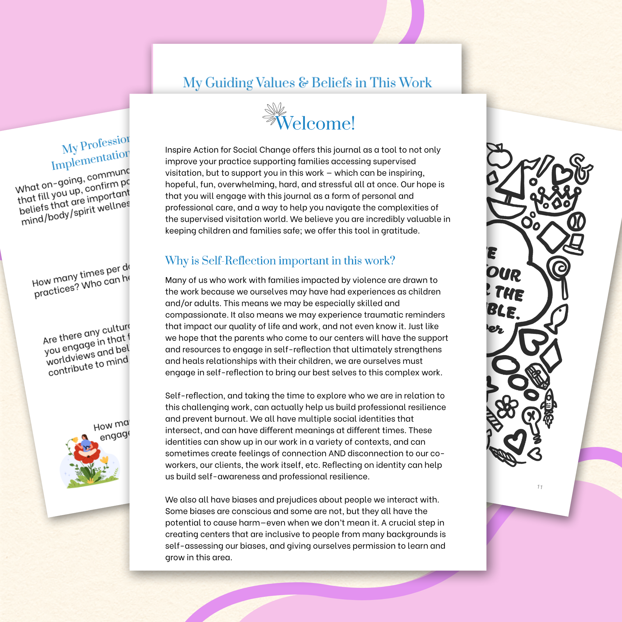 Pages from a journal or workbook with text and illustrations on a white background